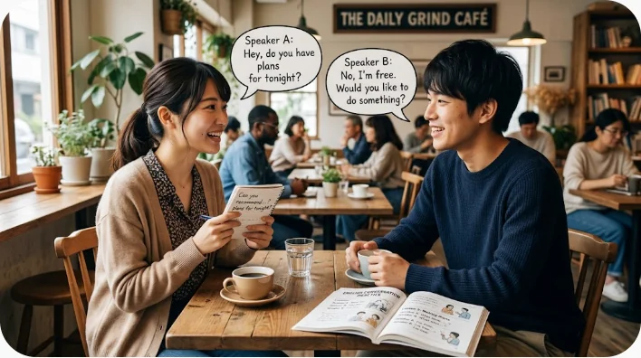 日本人の英語学習者が自宅でコーヒーを飲みながらフレーズを音読している様子