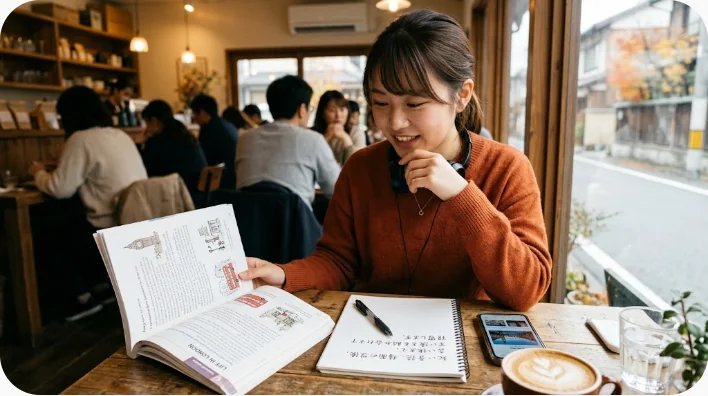 英語フレーズカードと一週間の練習表を使って復習する学習者