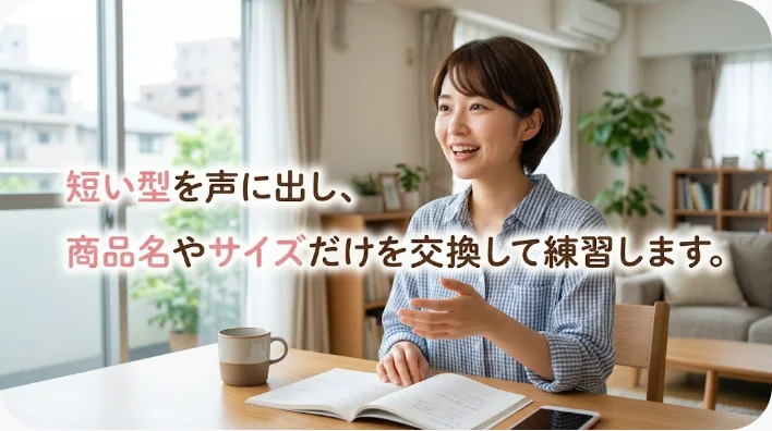 自宅でメニューカードを使ってファストフード店の注文フレーズを練習する英語学習者