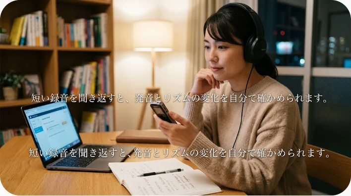 自宅で英語の歌を練習しスマートフォンへ録音する大人の英語学習者