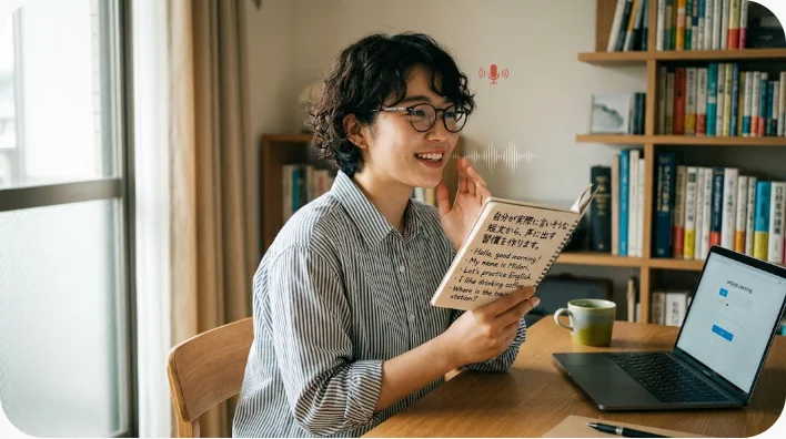 朝の英語フレーズを学習カードで声に出して練習する学習者