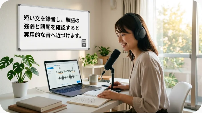 英語学習者が単語カードと録音機能を使って短いフレーズを練習する様子