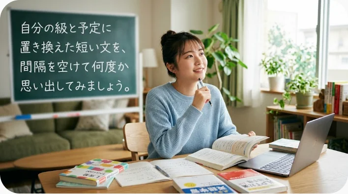 英検の例文をノートに書き、ヘッドホンを使って声に出す練習をする成人学習者