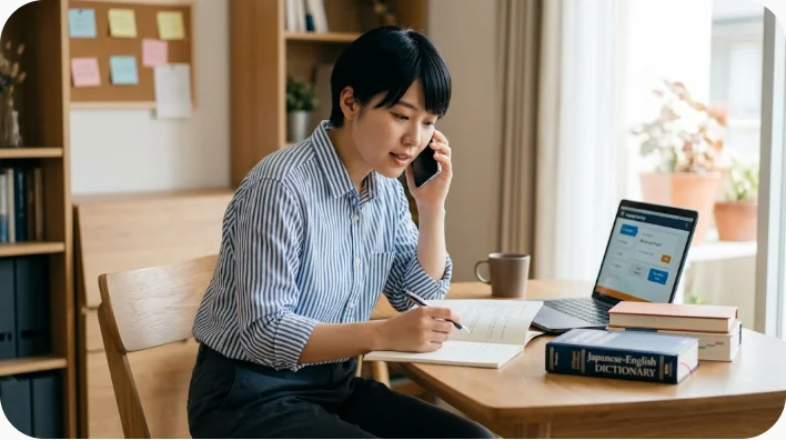 スマートフォンとフレーズカードを使って医者への英語電話を音読練習する日本人学習者