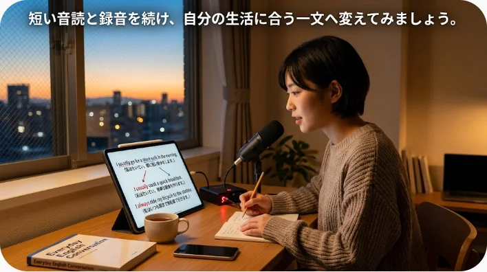 日本人の成人学習者が睡眠に関する英語表現を音読して録音する画像