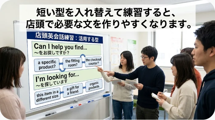 自宅のテーブルで洋服屋の英語フレーズを音読して復習する学習者