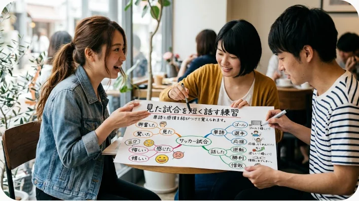 試合後にメモを見ながらサッカー英語を音読する成人学習者