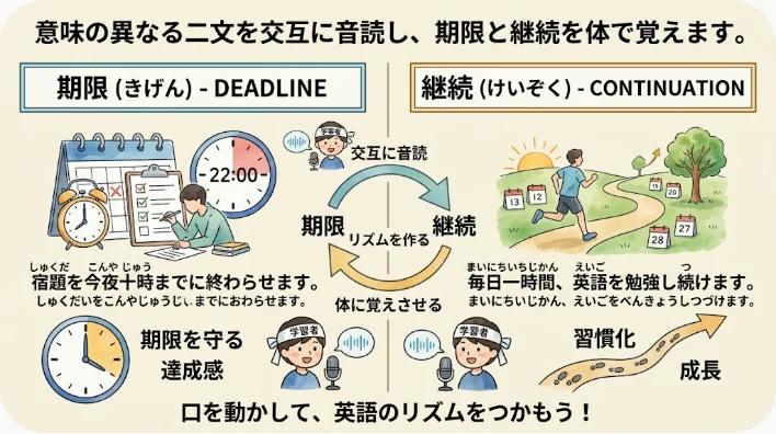 自宅の机で期限表現のカードを見ながら英語を音読する日本人学習者