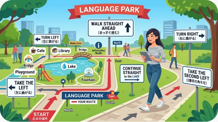 学習机で地図と矢印カードを使って英語の道案内を練習する成人学習者