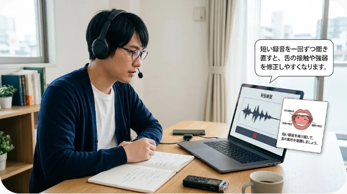 スマートフォンへ英語の発音を録音し、音声を聞き比べる成人学習者