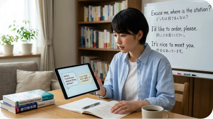 自宅で鉄道トラブルの短い英語フレーズを音読して録音する成人学習者