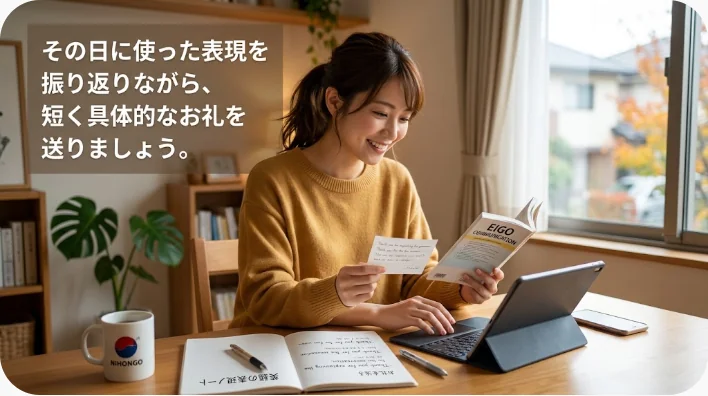 上司宅から帰宅した後にノートを見ながら英語のお礼メッセージを作る学習者