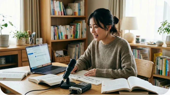 日本人の成人英語学習者が自宅で例文カードを見ながら音読しスマートフォンで発音を録音している様子