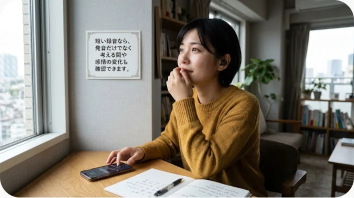 日本人の成人英語学習者がフレーズカードを見ながらスマートフォンに英語の音読を録音している様子