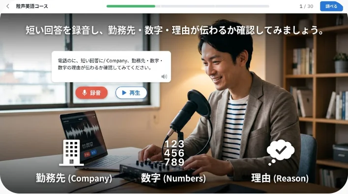 日本人学習者がヘッドセットとノートを使い英会話の録音練習をしている様子
