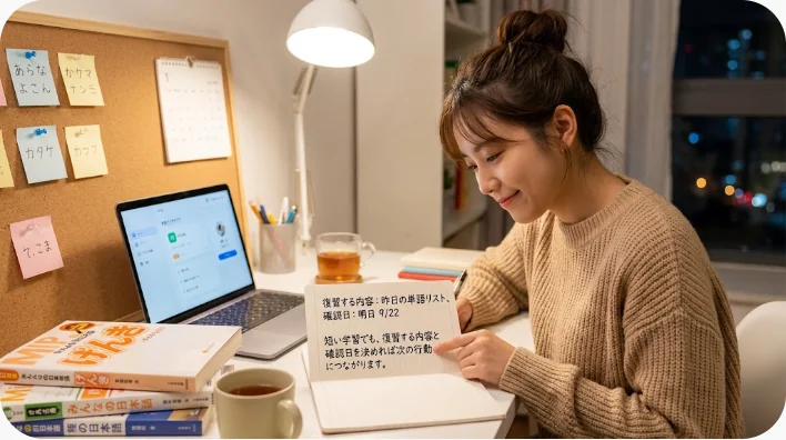 夜の短時間学習を終えて週間計画を確認する日本人の会社員