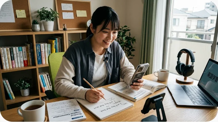 フレーズカードと録音機器を使って自宅で英語面接の音読練習をする日本人の求職者