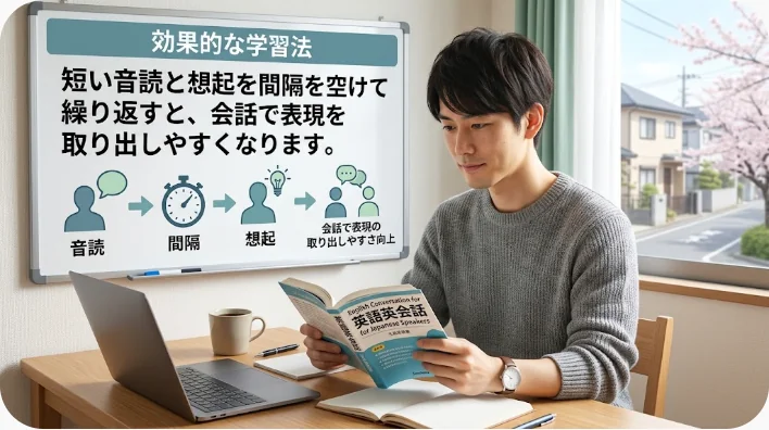 夜の机で鏡と復習カードを使いmoonの英語表現を音読する学習者