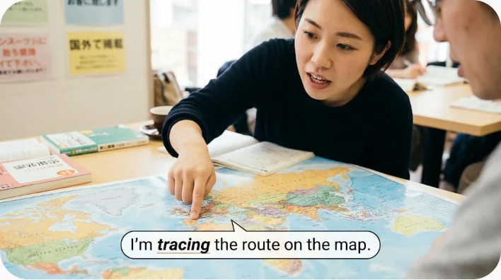 自宅で手描きの地図を指しながら英語の道案内を音読する成人学習者