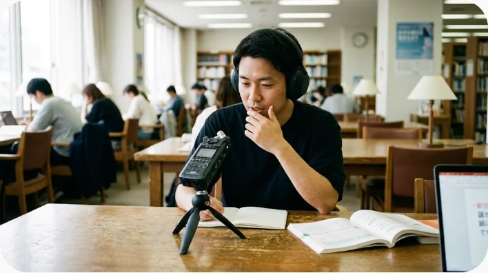 日本人の成人学習者がスマートフォンへ短い英語文を録音して音声波形とノートを確認している様子