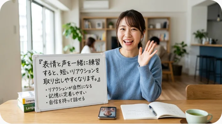 日本人の成人学習者が鏡と学習カードを使って英語のリアクションを音読している様子