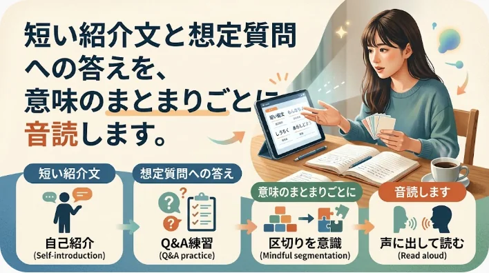オンライン会議前に仕事の英語紹介を声に出して練習する日本人学習者