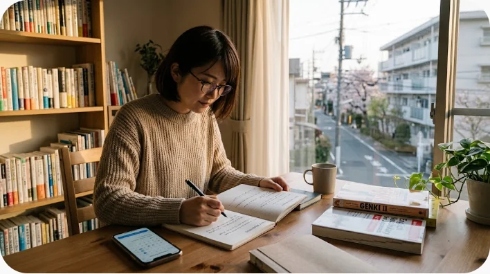 英語学習者が単語カードとノートを使い盗難時のフレーズを音読している場面
