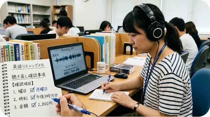 自宅で美容院の予約英語を音読しスマートフォンに録音する学習者