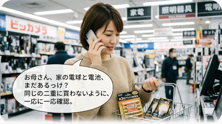 スーパーの家庭用品売り場で電池を手に持ち、電話をしながら棚を見る買い物客