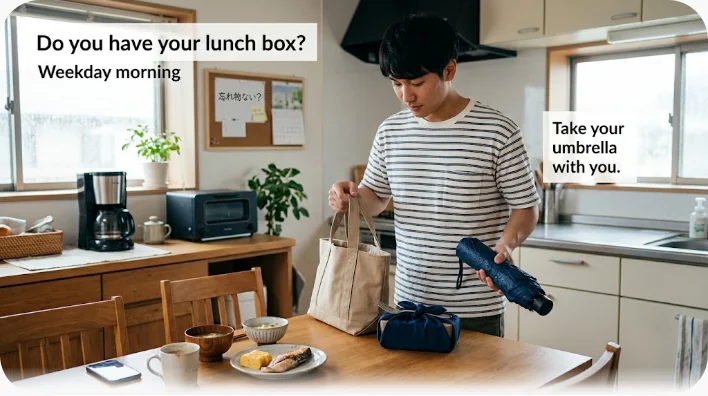 平日の朝のキッチンで、お弁当箱を手にした母親と制服姿でトーストとコーヒーを前に座る息子