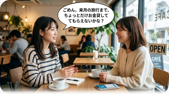 カフェで向かい合い、遠慮がちに頼みごとを切り出す人と穏やかに聞く友人