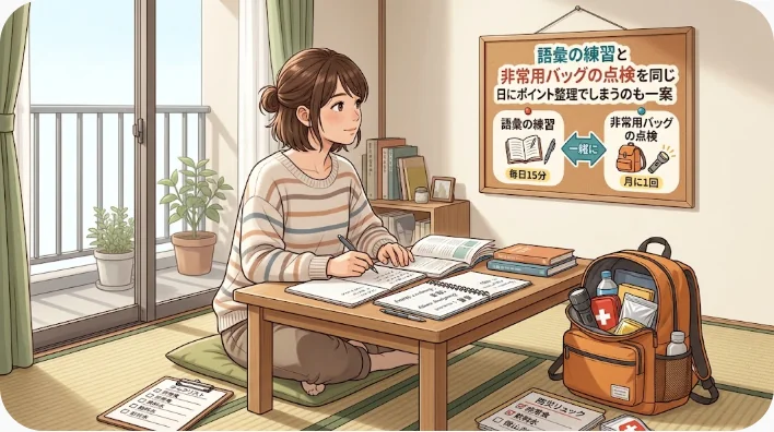 木の床に並べた防災用品。リュック、水、保存食、懐中電灯、携帯ラジオ、救急ポーチ、手袋、ホイッスル、モバイルバッテリーと、ブランケットを置こうとする手