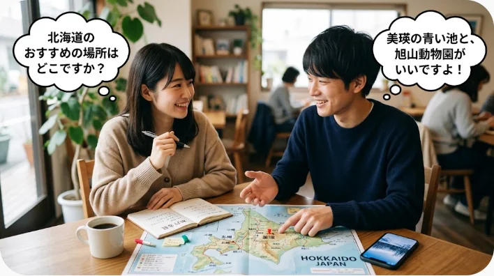 カフェのテーブルで地図を広げて会話する二人の大人