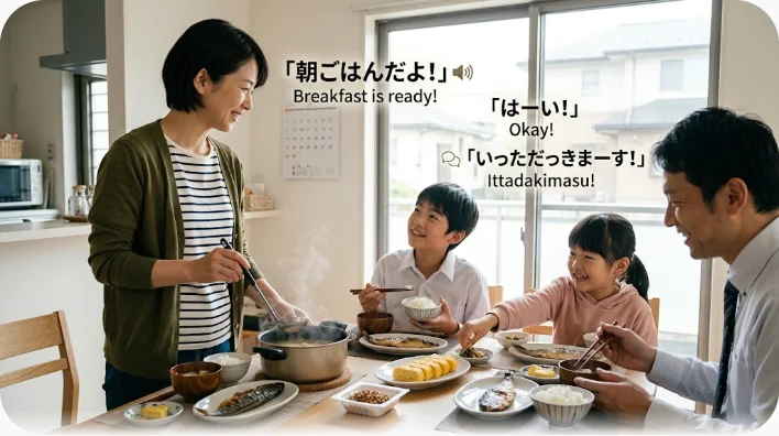 母親がパンケーキの皿をテーブルに置き、子どもが牛乳を前に座っている朝食の食卓