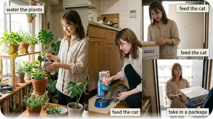 留守中の部屋で隣人がじょうろで鉢植えに水をやり、足元では猫がボウルから食事をしている様子