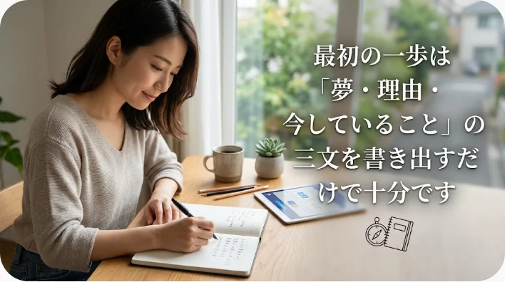 夜のランプの下、白紙のノートに短い三行を書き込む手元とマグカップ、卓上カレンダー