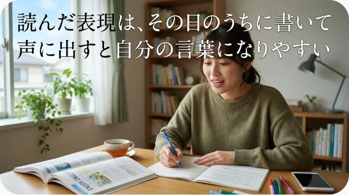 自宅のデスクで日本人学習者の手がノートに英語のフレーズを書き込み、傍らにストップウォッチと畳んだランニングウェアが置かれている