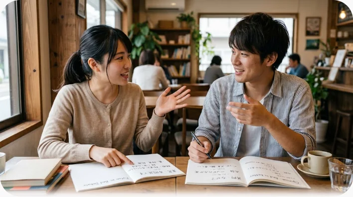 カフェのテーブルでノートを広げ、身振りを交えて意見を比べ合う二人の東アジア系の大人の学習者