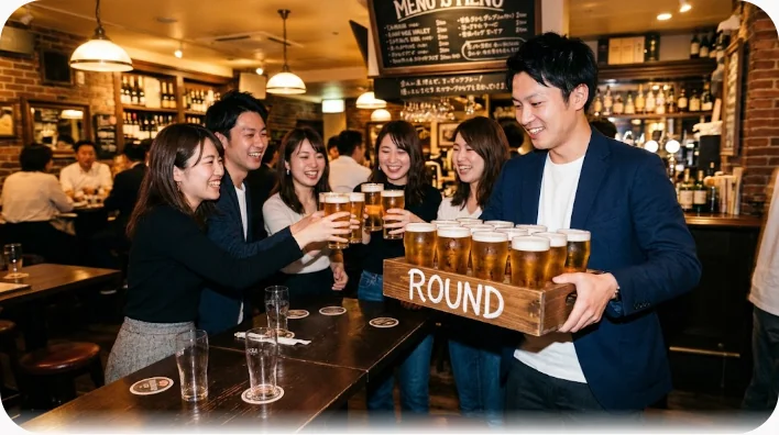 パブでビール4杯を乗せたトレイを運ぶ人と、笑いながら受け取ろうとする友人たち