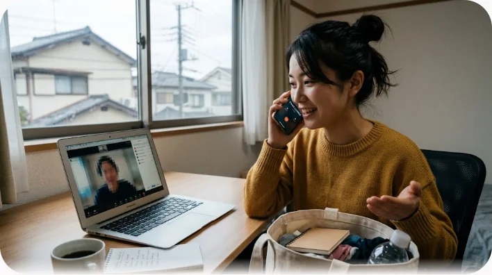 夕方の自宅でソファに座り、半分荷物を詰めたスーツケースを前にスマートフォンで話す日本人女性