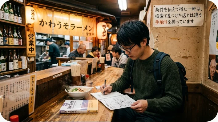 ホテルの窓辺の机でノートを開き、スマートフォンで録音しながら英語のフレーズを練習する学習者