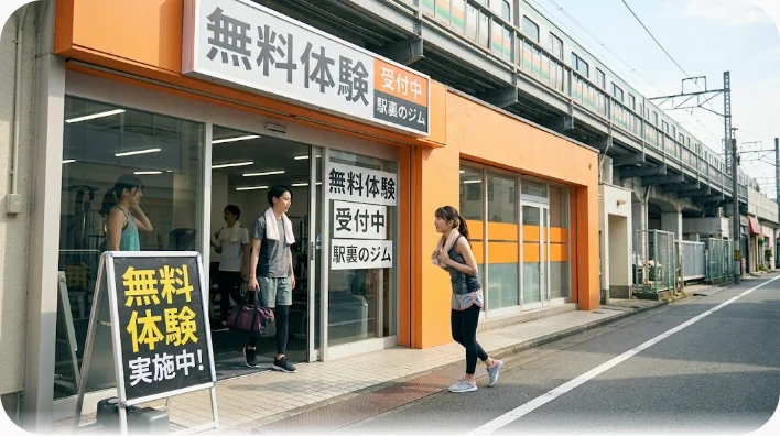 明るいジムの受付で40代の男性とスタッフがトレーニングエリアを見ながら会話している様子