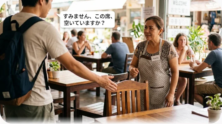カフェで相席の空いた椅子を手で示しながら、座っている人に短く尋ねている学習者