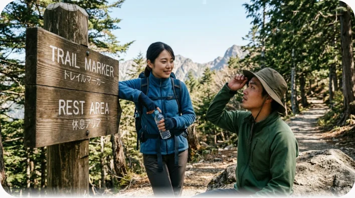 日本の登山道脇のベンチで小休止し、水筒を差し出しながら会話する二人のハイカーと背後の道標