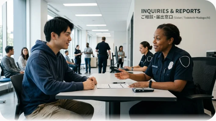 警察署の受付で日本人旅行者が手振りを交えて状況を説明し、制服の警察官がクリップボードにメモを取っている様子