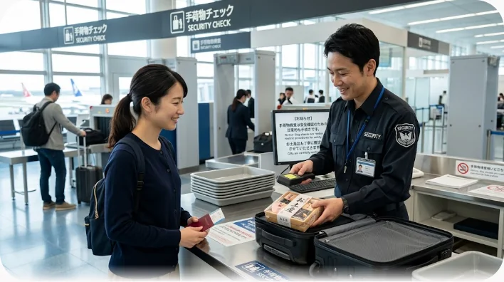 税関の検査台で開いたスーツケースの中の真空パックされた日本の食品について、旅行者が職員に説明している場面