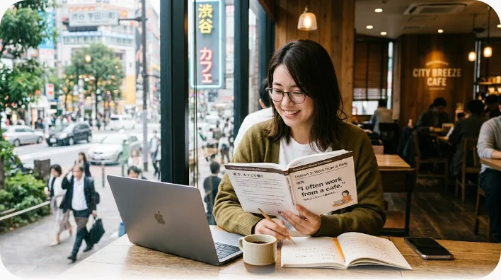 明るいカフェの窓際でノートパソコンとノートを広げ、イヤホンを着けて話している東アジア系の若い人