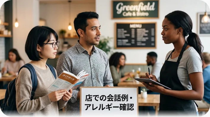 和食店のテーブルでメニューを指しながら英語で説明する人と、興味深そうに聞く来訪者