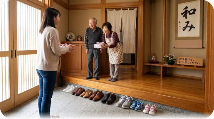 玄関でゲストの女性がギフトボックスと花束をホストに手渡し、床には靴が並んでいる場面