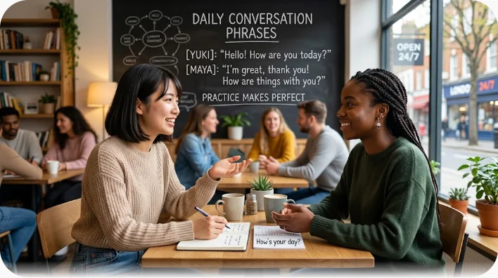 オフィスの廊下でスマートフォンで通話する日本人男性と、海外のオフィスで同じく通話する女性を並べた場面